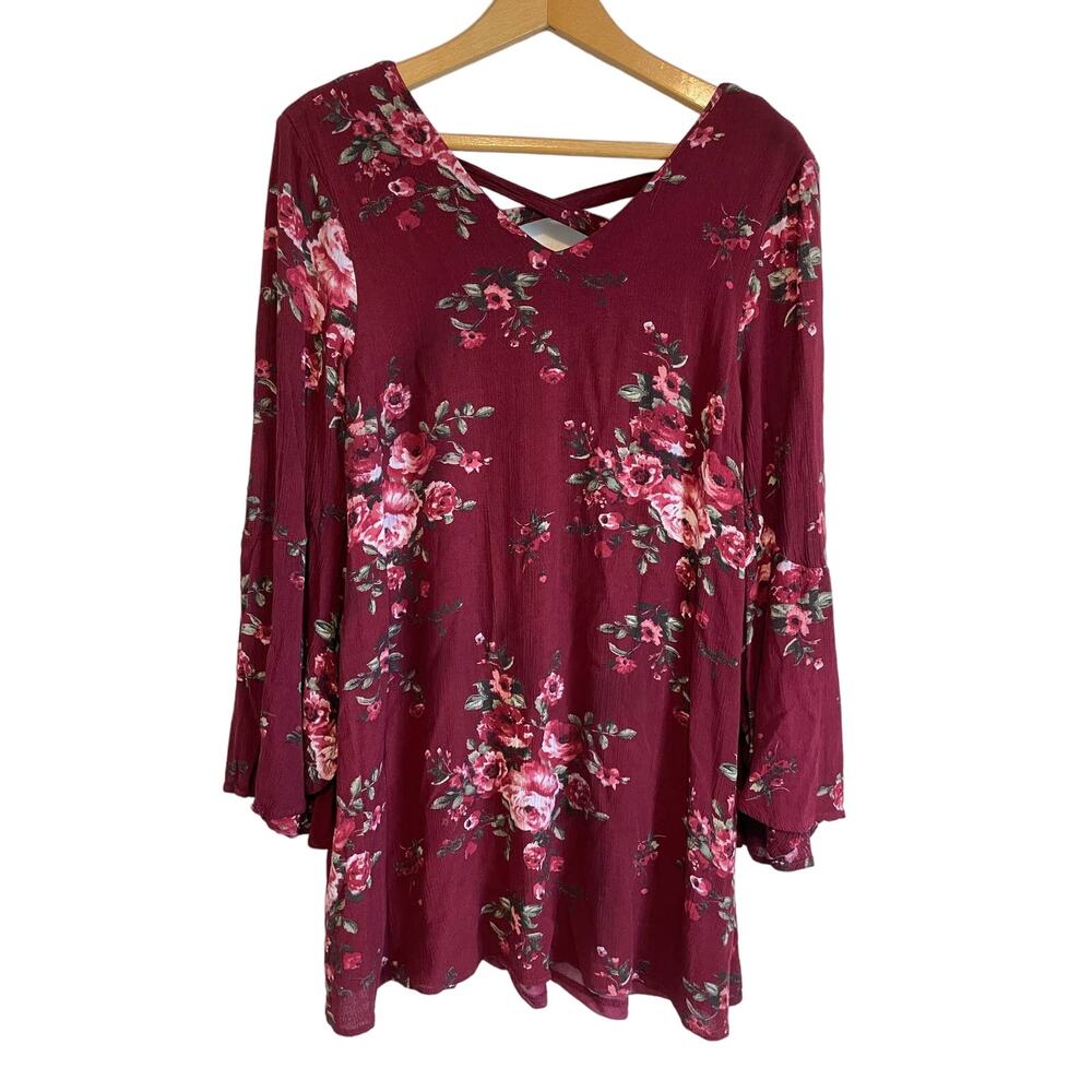 Lulus Ever Enchanting Burgundy Floral Long Bell sleeves Mini Dress Small Boho